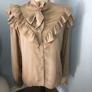 Vintage Anne French Gold Ruffle Sleeve with Bow neckline Secretary Blouse